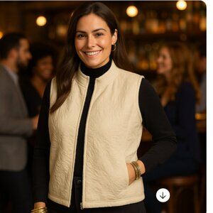 Denim & Co 3X Ivory Zip Front Lightweight Quilted Vest with Textured Embroidery